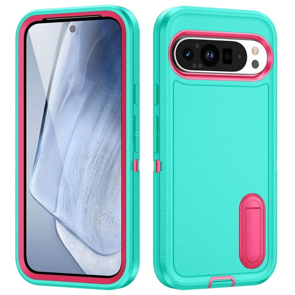 Feishell Case for Google Pixel 9 / 9 Pro,Heavy Duty 3 Layer Military Protection with Hidden Kickstand Shock Resistant Armor Hybrid Bumper Rugged Rubber Phone Cover,Mint Rose
