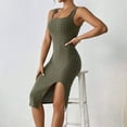 thumbnail image 3 of sunsanly Summer Women Dress Square Neck Sleeveless Skinny Elastic Side Split Sheath Thread Solid Color OL Commute Breathable Club Party Midi Dress, 3 of 8