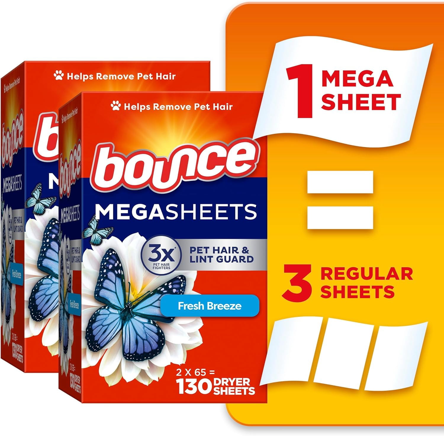 Mega Dryer Sheets, Fresh Breeze, 130 Count, Mega Fabric Softener Sheets with Static Control, Wrinkle Reduction, Extra Softness, Lasting Scent, Repels Lint
