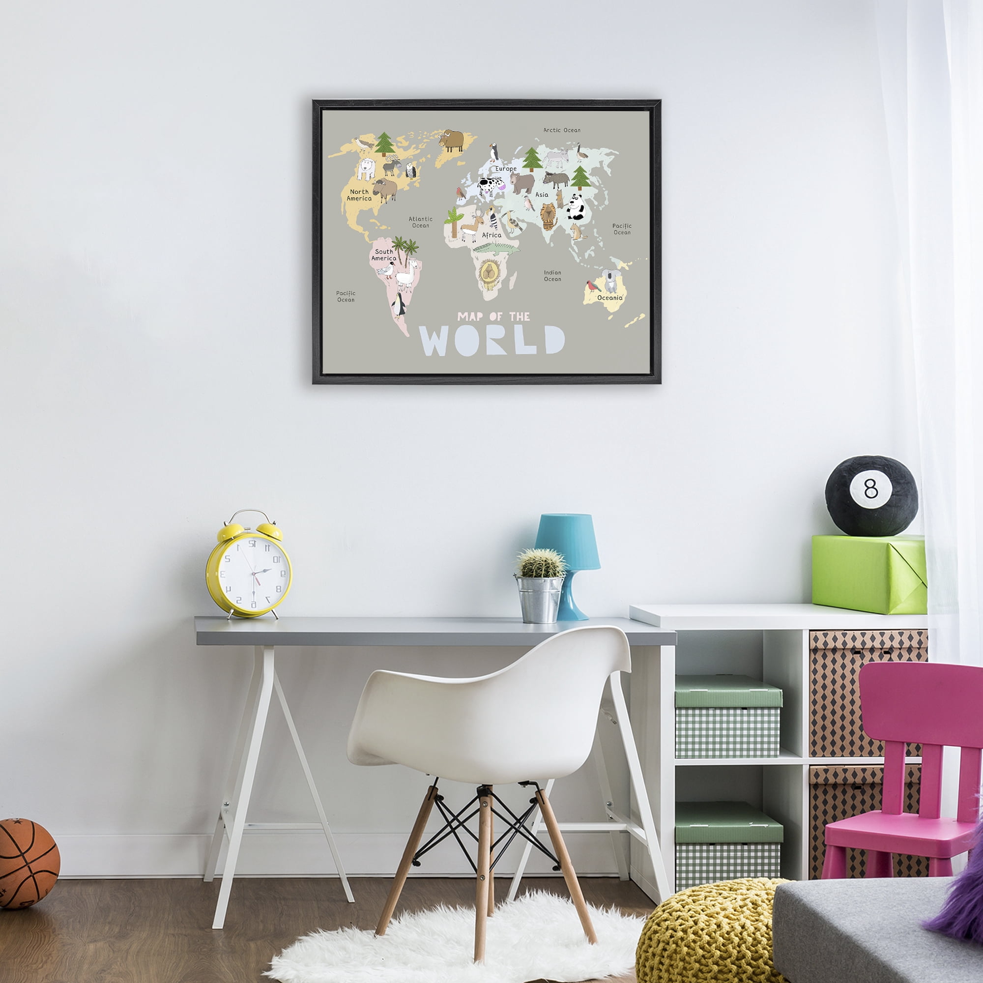 Kid's Map Of World Grey Black Framed Floater Canvas Wall Art, design by Carla Daly