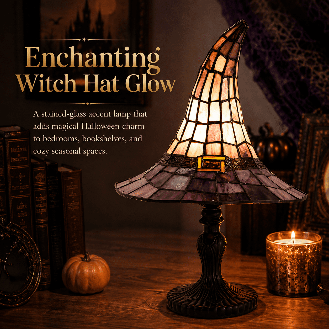 2026 Stained Glass Witch Hat Table Lamp, Colorful Gothic Halloween Décor with Purple & Orange Panels for Seasonal Accent Lighting & Display