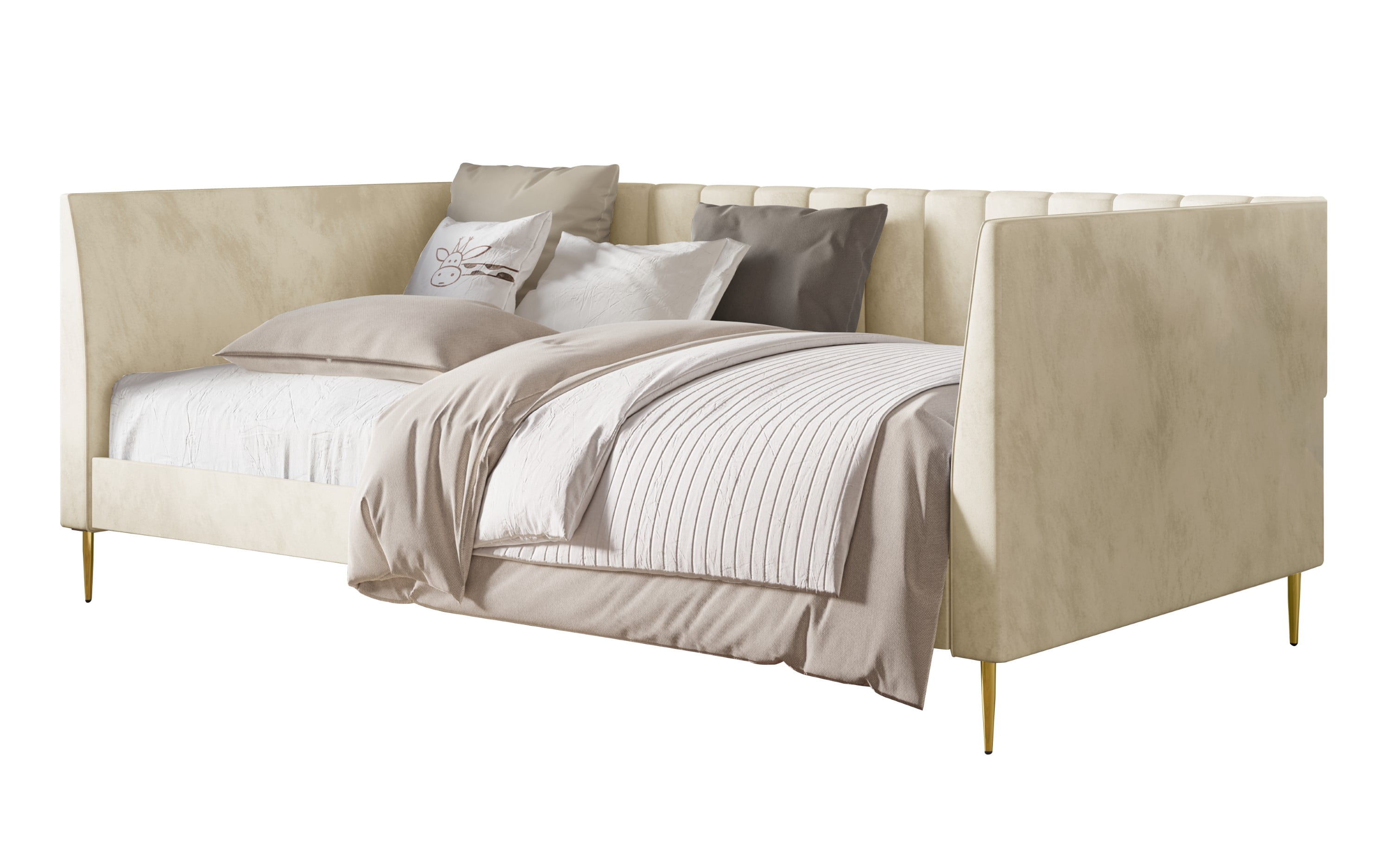 Home Design Dayton Twin Daybed, Beige Velvet Upholstered Frame, Tuxedo Arms, Vertical Tufting, Plush Cushions, Gold Metal Legs for Stylish Seating & Sleeping