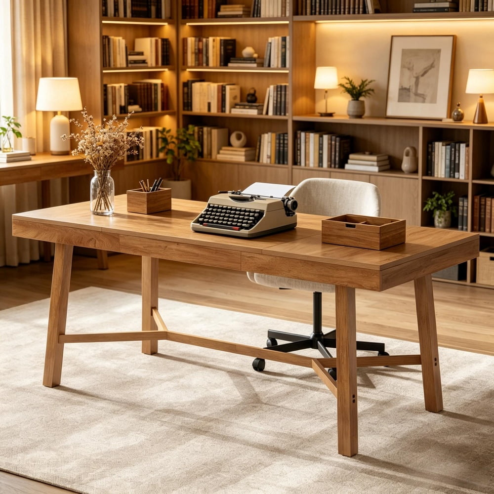 Farmhouse Executive Computer Desk, 2.36" Thick Tabletop Heavy Duty Metal Legs Holds 300LBS Multipurpose Office Work & Meeting Dining Table