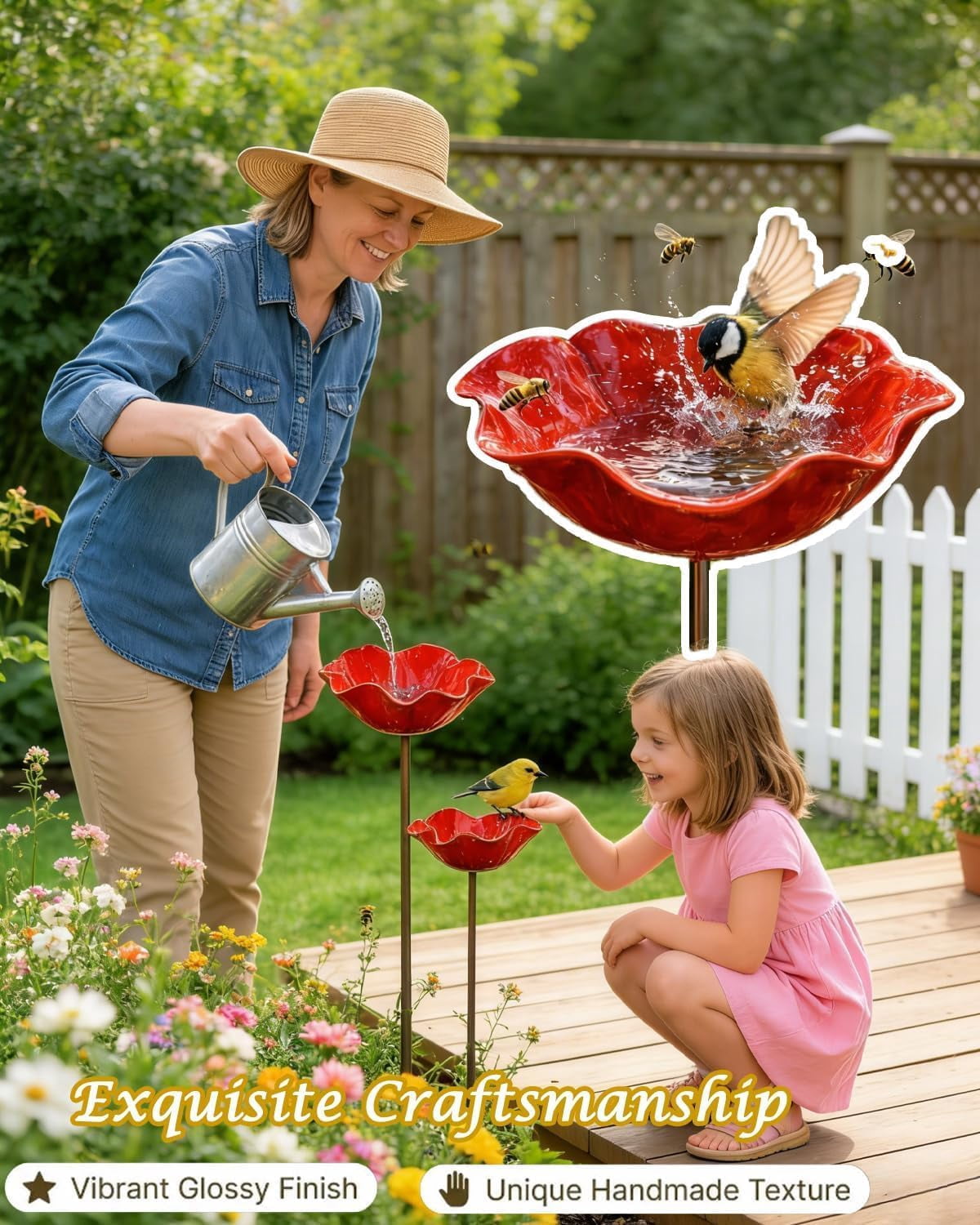 2026 New Metal Flower Garden Stakes Bird Bath, Handmade Metal Flower Garden Stake, Butterfly Feeders for Outdoors with Bee Bath & Bird Water Bowl (Yellow, 2PCS)