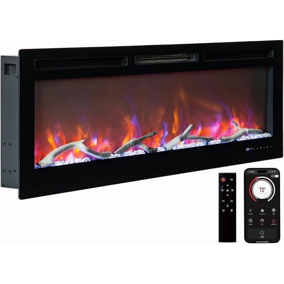 50 Inch Smart Electric Fireplace with Alexa & WiFi, Wall Mounted/Recessed Insert, 1500w Heater, Remote & Touch Control, 25 Flame/Ember Colors, Timer & Adjustable Heat, Black
