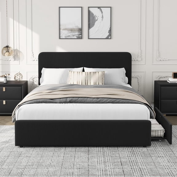 Upholstered Platform Bed Frame with Heavy-Duty Metal Frame, Dual Sliding Storage Drawers for Bedroom,Full,Black