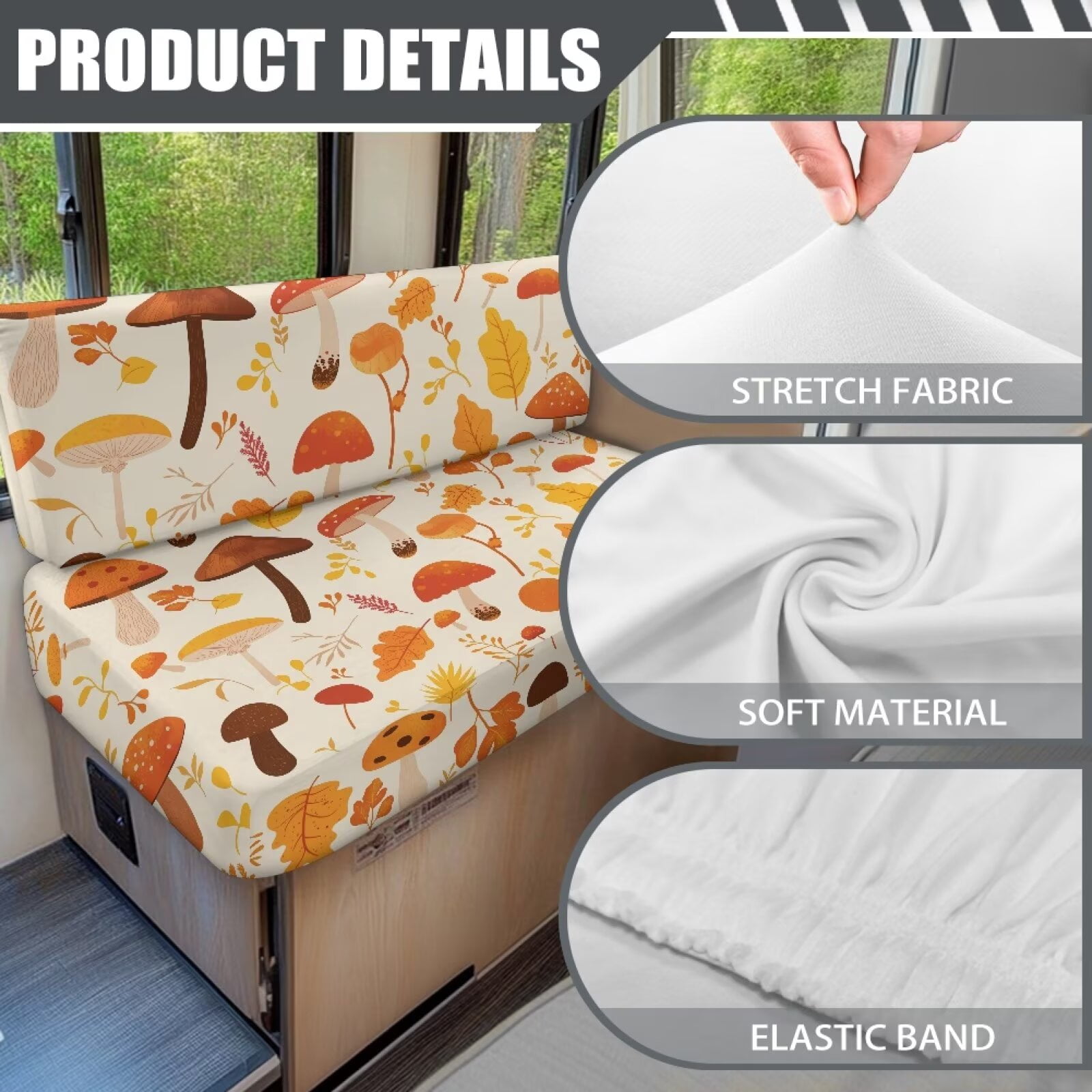 XYZCANDO Autumn Mushroom Leaf RV Dinette Cushion Covers Universal RV Accessories Outdoor Travel Use Bench Cushion Stretchable Couch Cover 2 Cushion Sofa Washable Sofa Cover Gifts for Friend