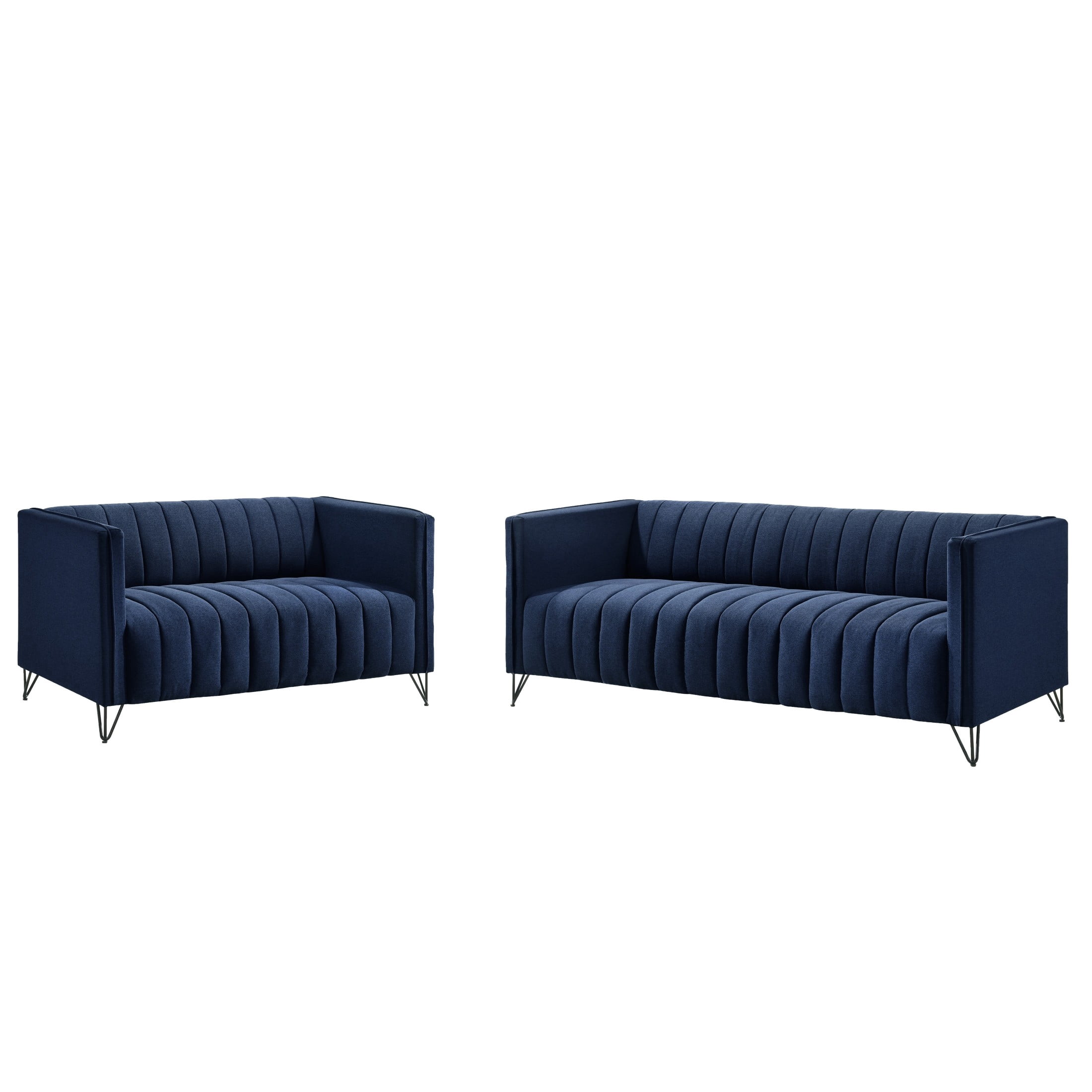 Home Design Kurtis 2-Piece Living Room Set with Square Arm Loveseat and Sofa, Channel-Tufted Upholstery, Blue