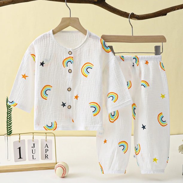 Ropa de dormir ligera de muselina de doble capa para niños, conjunto de 2 piezas, ropa de hogar de verano para mujeres, bombachos de manga larga para bebés y hombres Sui