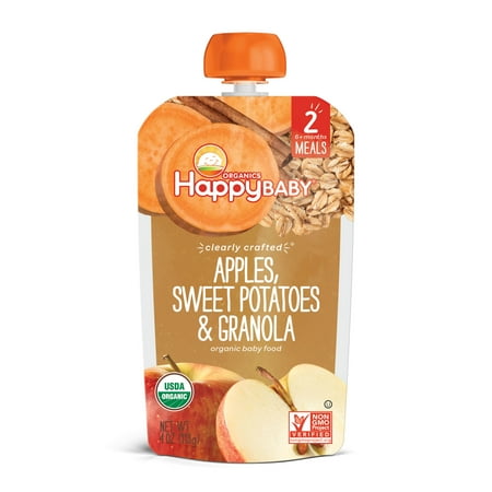 (8 Pouches) Happy Baby Organic Clearly Crafted, Baby Food Pouch, Stage 2, Apples, Sweet Potatoes & Granola, 4 Oz