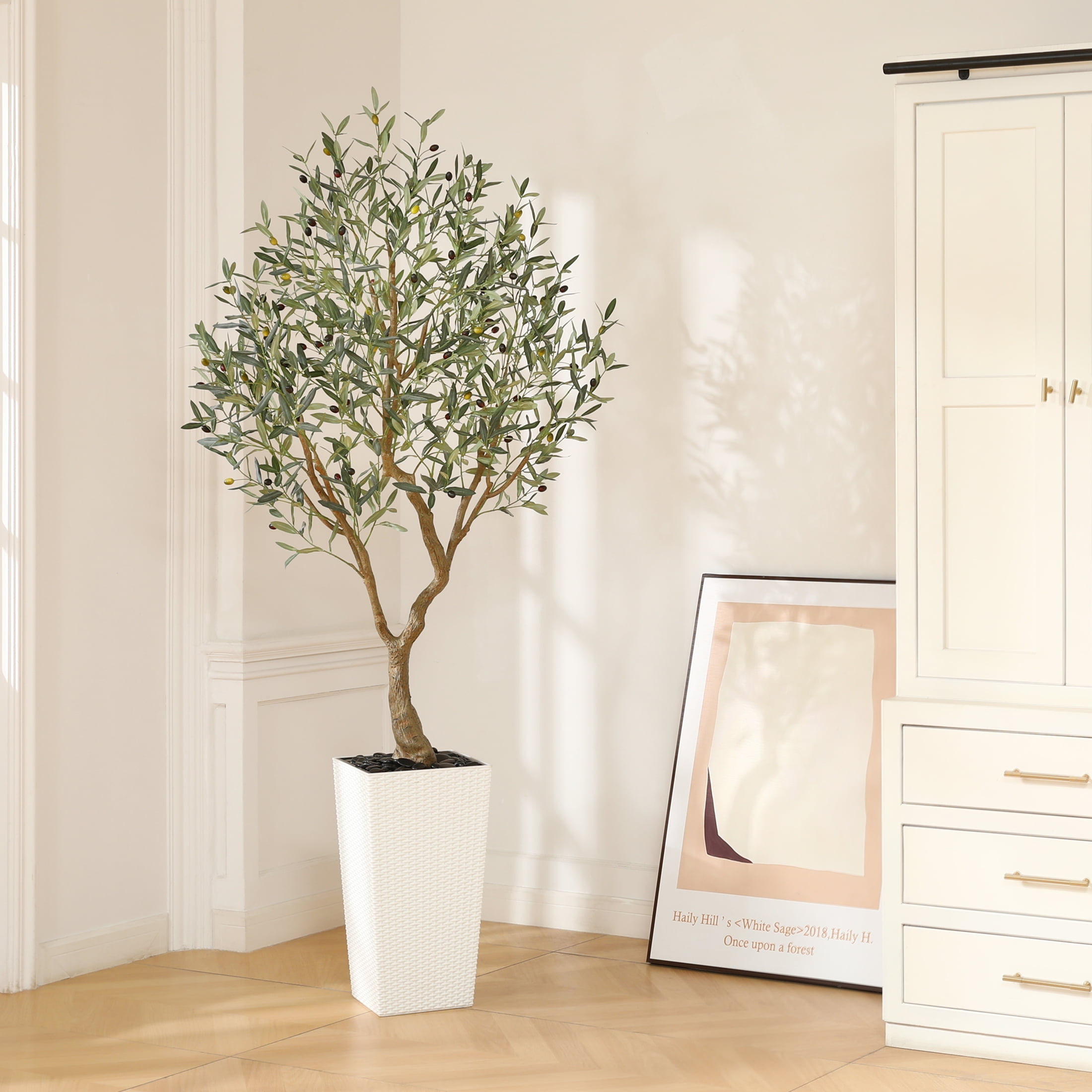 7ft UV Resistant Fake Olive Tree with White Tall Planter, Pre Potted Artificial Olive Tree for Indoor Outdoor Home Decor, Big Faux Plants Fake Plants for Office House Decor