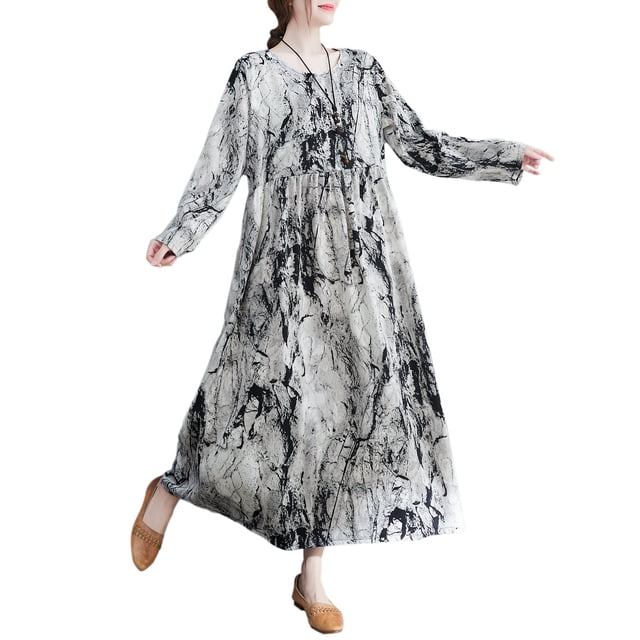 Vestido vintage suelto con estampado de bolsillos Vestido de manga larga con cuello en O Meterk Medio