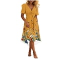 thumbnail image 2 of Summer Dresses for Women Casual Deep V Neck Puff Short Sleeve Smocked Floral Printed Pleated Flowy Beach Vacation Dress, 2 of 7