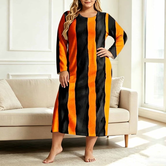 PNTUTB Women's Plus Size Nightgown Halloween Print Crew Neck Long Sleeve Sleepwear Dress Comfortable Loose Casual Trendy Maxi Dress