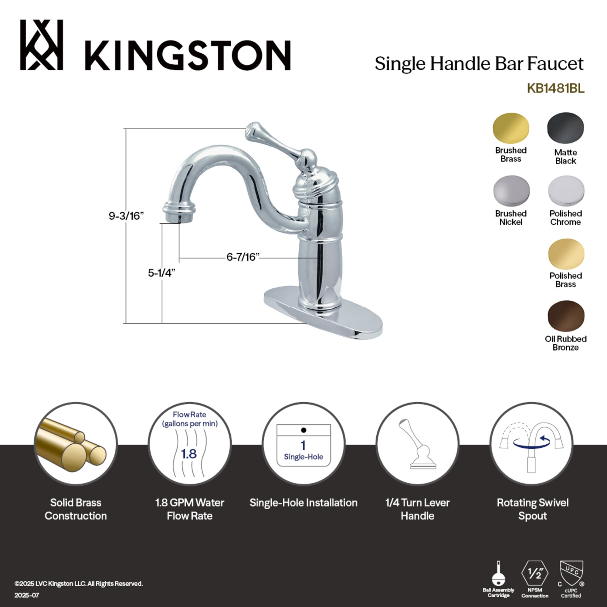 Kingston Brass KB1480BL Vintage One-Handle 1-Hole Deck Mount Bar Faucet in Matte Black
