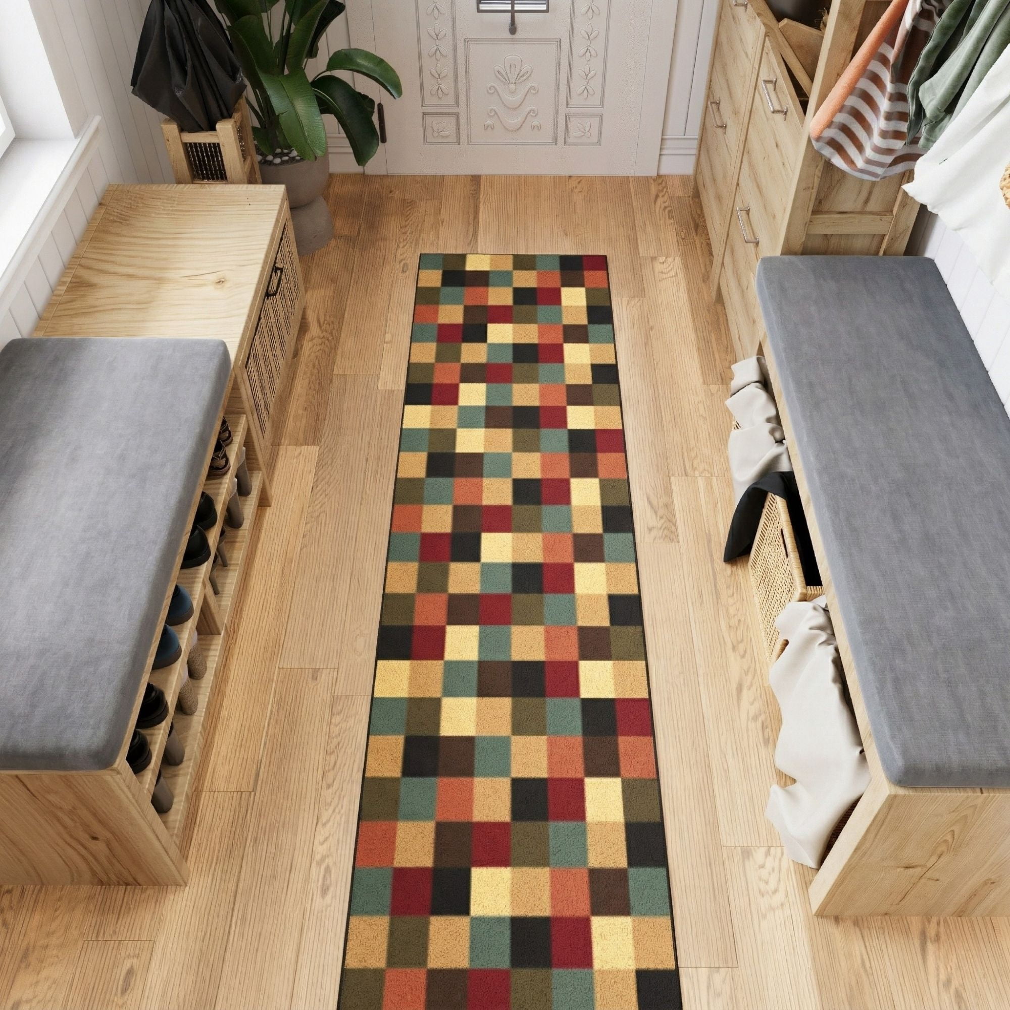Ottomanson Extra Long Runner Rug 1'10.5" x 27' – Non-Slip Low Pile Hallway Carpet, Checkered Multicolor