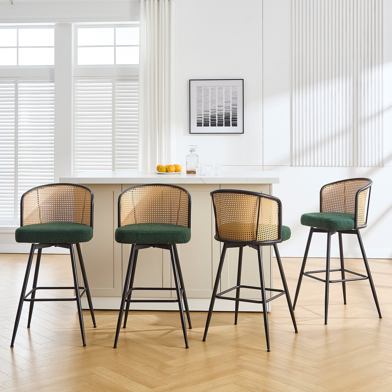 ANMINY Rattan Swivel Bar Stools Set of 3, 26" Counter Height with Rattan Back and Metal Legs, Mid-Century Modern Armless Boucle Fabric Barstools Seat, Upholstered Counter Stools for Kitchen Island