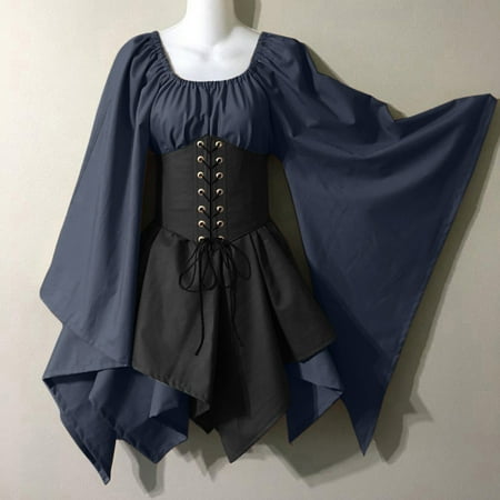

For Womens Trumpet Sleeve Irish Shirt Dress With Corset Traditional Dress Women Gothic Retro Long Sleeve Corset Dress