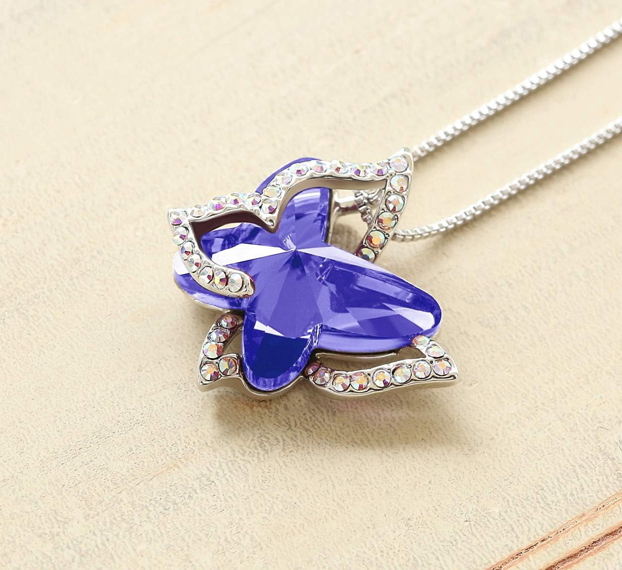 Leander Gift Butterfly Birthstone Crystal Necklace, Silver Tone with 18u201d+2u201d Chain, Necklace for Motheru2019s Day Anniversary Birthday Gifts for Women and Daughter