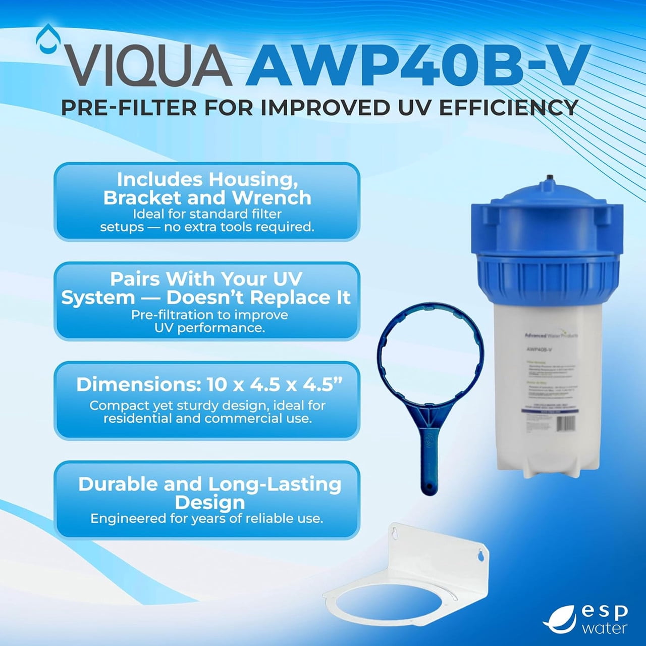 VIQUA AWP40B-V NSF 42 Certified 3-Piece High-Flow Whole House Pre-Filter Housing with Pressure Relief Valve, Mounting Bracket & Wrench 4.5 x 10 Inch, 1" FNPT, 20 GPM, UV Pre-Filtration