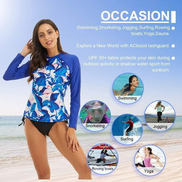 Women's Long Sleeve Rash Guard Swim Top UPF 50+ Surf Shirts Sun Protection  Swimsuit