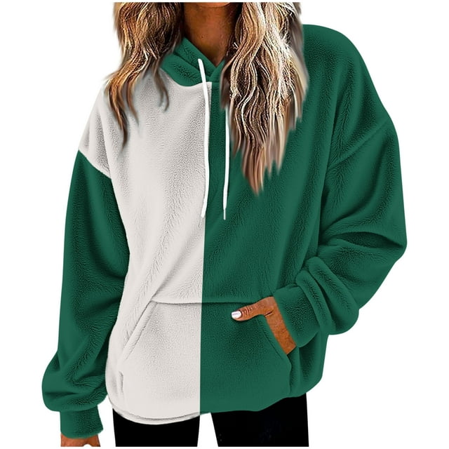 Women's Color Block Fuzzy Hoodie - Oversized Loose Fit Fall Winter Sweatshirt, Fashion Fluffy Sherpa Hoodie with Drawstring
