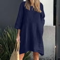 thumbnail image 1 of Liquidation d'Été 2025! Robe Grande Taille pour Femmes, Liquidation de Robe d'Été pour Femmes, Robe Décontractée à Manches 3/4 Col Rond Imitation Coton et Lin Couleur Unie avec Poches, 1 of 5
