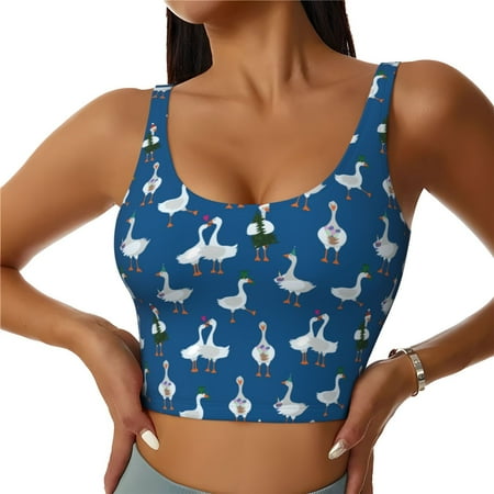 Adobk Cartoon Geese With Xmas Print Sports Bras for Women Longline Workout Crop Tank Tops Padded with Built in Shelf Padded Sports Bra-