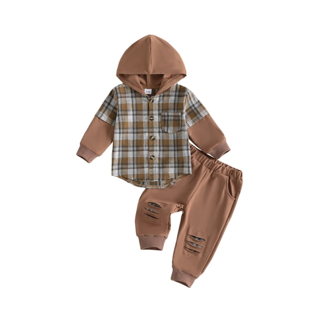 Conjunto de otoño para niño y niña: camisa con capucha a cuadros, chaqueta y pantalón deportivo.