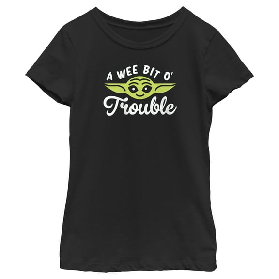 Girl's Star Wars: The Mandalorian St. Patrick's Day Grogu A Wee Bit O' Trouble  Graphic Tee Black Small