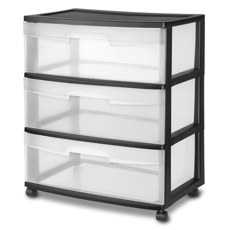 Sterilite Wide 3 Drawer Storage Cart, Plastic Rolling Cart with Wheels to Organize Clothes in Bedroom, Closet, Black with Clear Drawers, 1-Pack