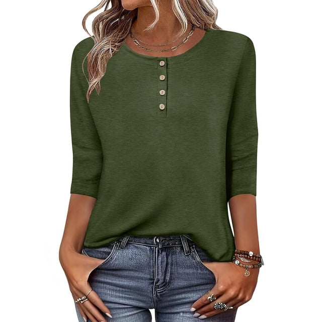 Liquidation à Moins de 5! Sevevn T-shirt Décontracté Uni pour Femmes à Boutons, Col Rond, Manches Trois-Quarts, Manches 3/4, Coupe Ample, Vert Armée m
