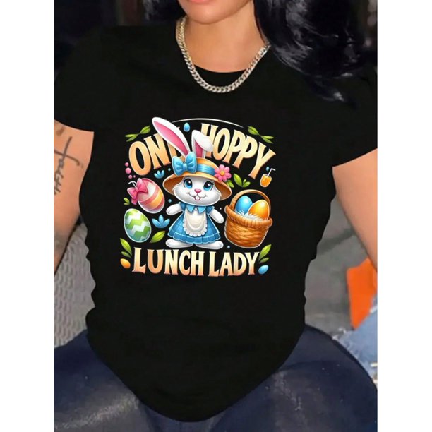 T-Shirt Happy Easter Lunch Lady Graphic Shirt Cotton Soft Stylish Casual Short Sleeve Crew Neck Top Tee For Adult, Men, Women, Teen, Teenager, Adolescent, Youth