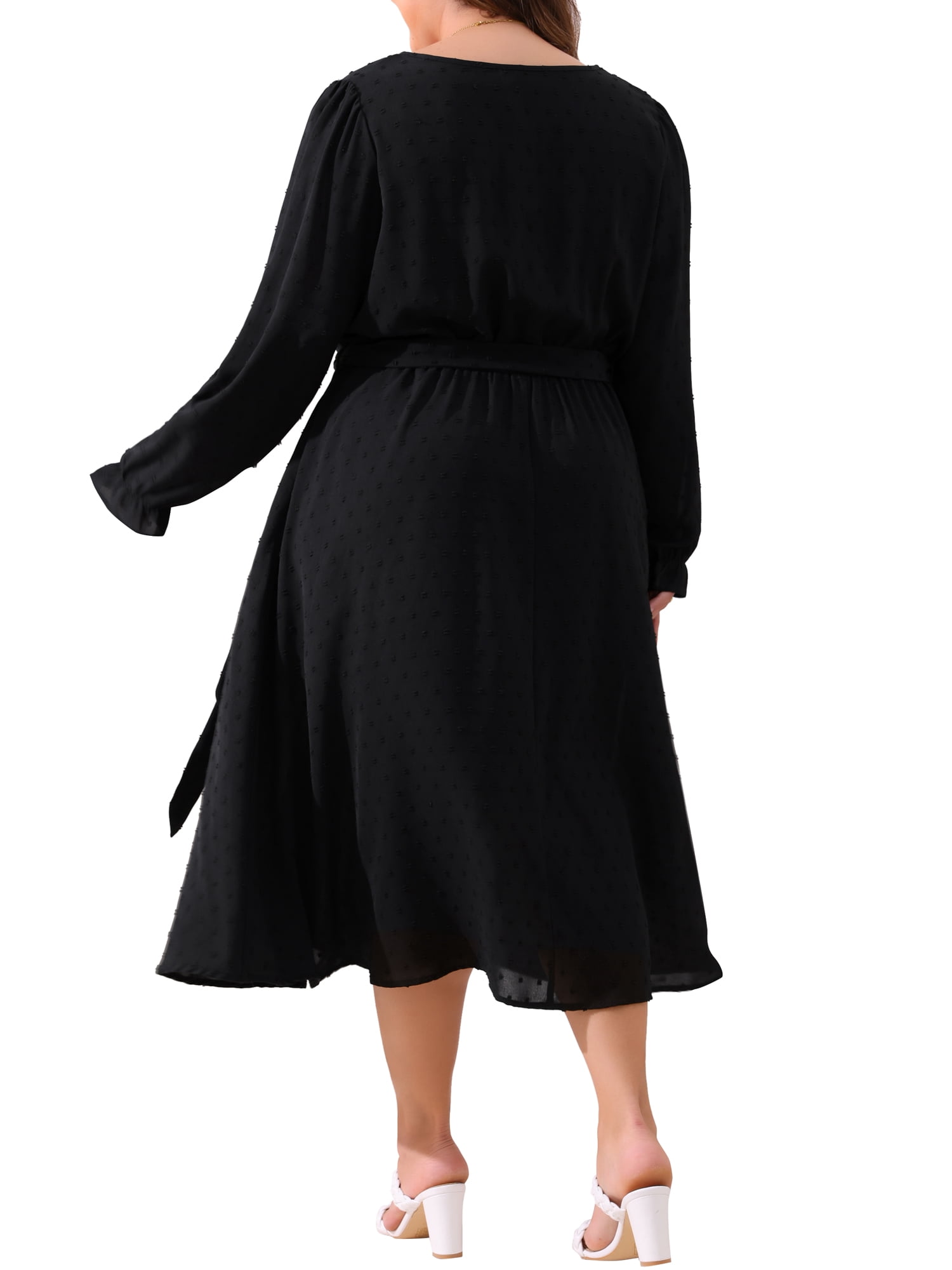 DARING DIVA Plus Size Swiss Dot V Neck Long Sleeve Midi Dress 4X Black