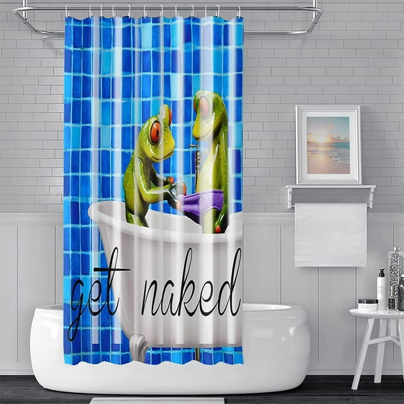Funny Words Shower Curtain, Get Naked Words Cute Frogs Taking Shower in Bathtub Blue Background Waterproof Polyester Fabric Bath Curtain for Party Bathroom Decor 72x84inches