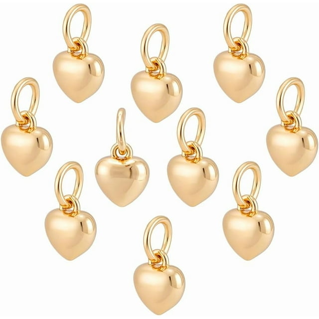 20 dijes de corazón chapados en oro de 14 quilates de 9 mm, colgantes de corazón hinchado en 3D de latón con conector de anilla de salto.