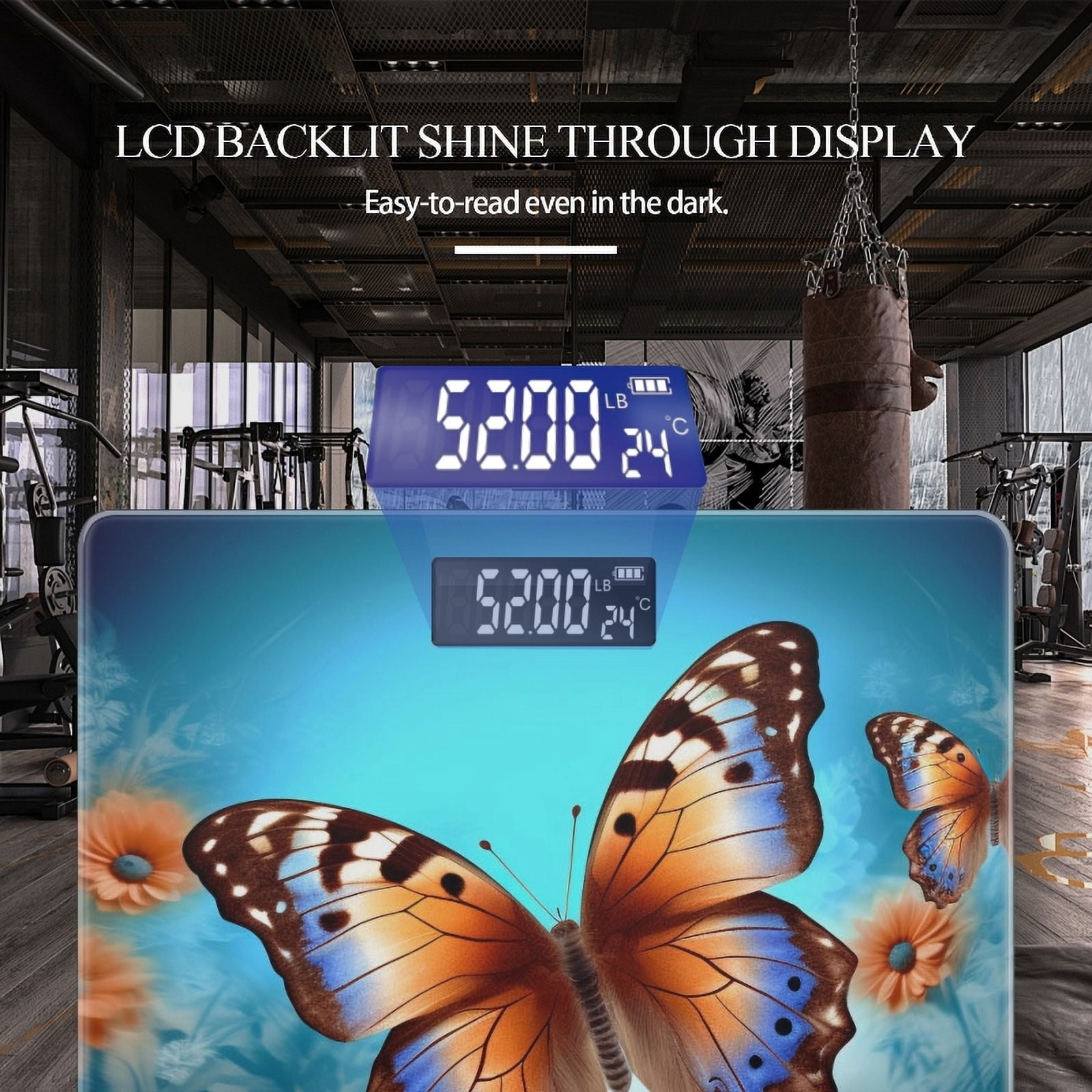 High Precision Body Weight Scale Smart Bathroom Scales with Large LCD Display(400lbs),Decorative for Bedroom-Blue And Orange Butterflies With Flowers In The Background