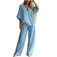 thumbnail image 2 of IUYRTFE Women's V-Neck Short Sleeve Top and Wide Leg Pants Set with Pockets Casual 2 Piece Lounge Outfit, 2 of 7