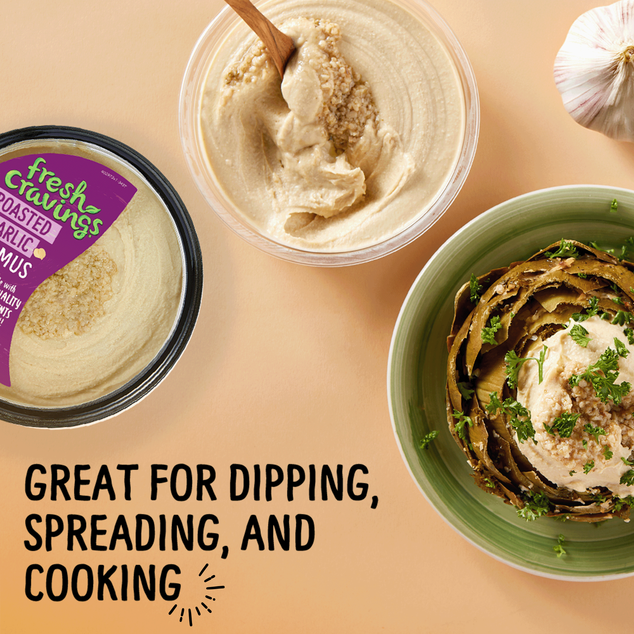 Fresh Cravings Roasted Garlic Hummus Dip, 10 oz. Plastic Tub, Gluten-Free, 2 Tbsp (32g), Contains: Sesame