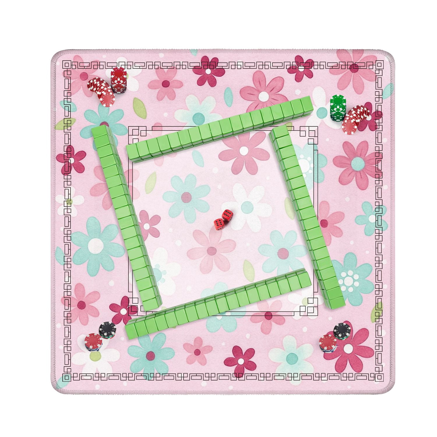 Mahjong Mat 31.5" x 31.5" Pink Floral Mint Green Red Flowers Leaves Soft Pink Non-Slip Noise Reduction American Mahjong Tiles Table Cover for Dominoes Poker Card Board Games Gift