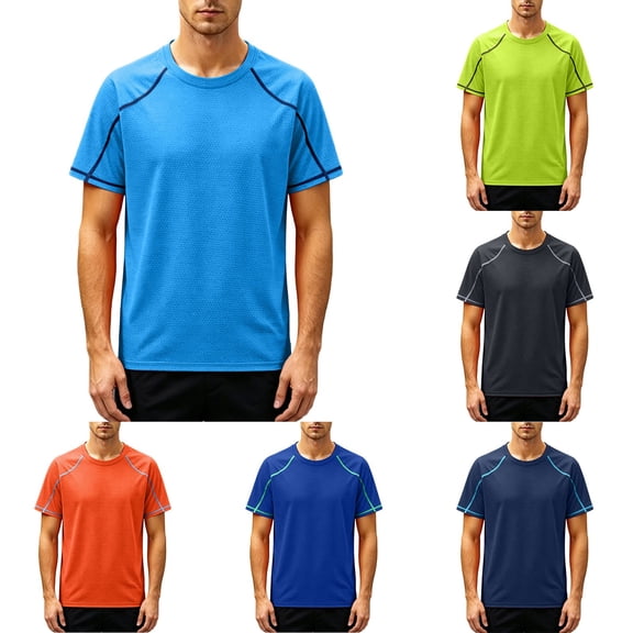 SeCaotees Short Sleeve Athletic Workout Tees for Men Crew Neck Relaxed Fit Quick‑Dry Moisture Wicking Fabric Sports Training Pullover Tops Blue,L
