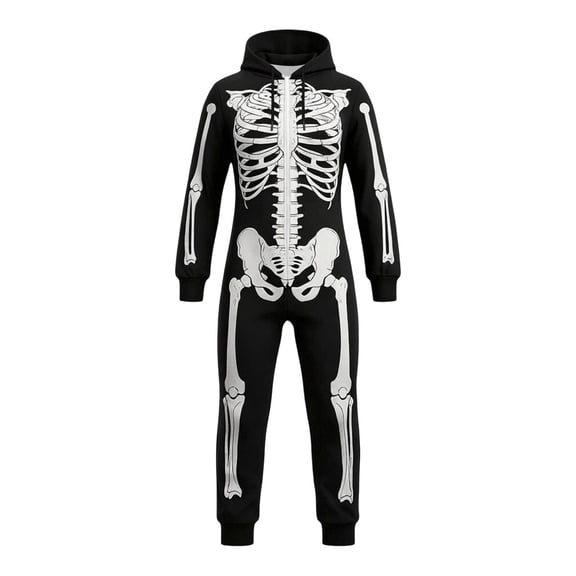 LILIYA Halloween Skeleton Onesie for Women - Easy Adult Couples Onesie Jumpsuit Long Sleeve Hooded Loungewear for Parties and Photoshoots
