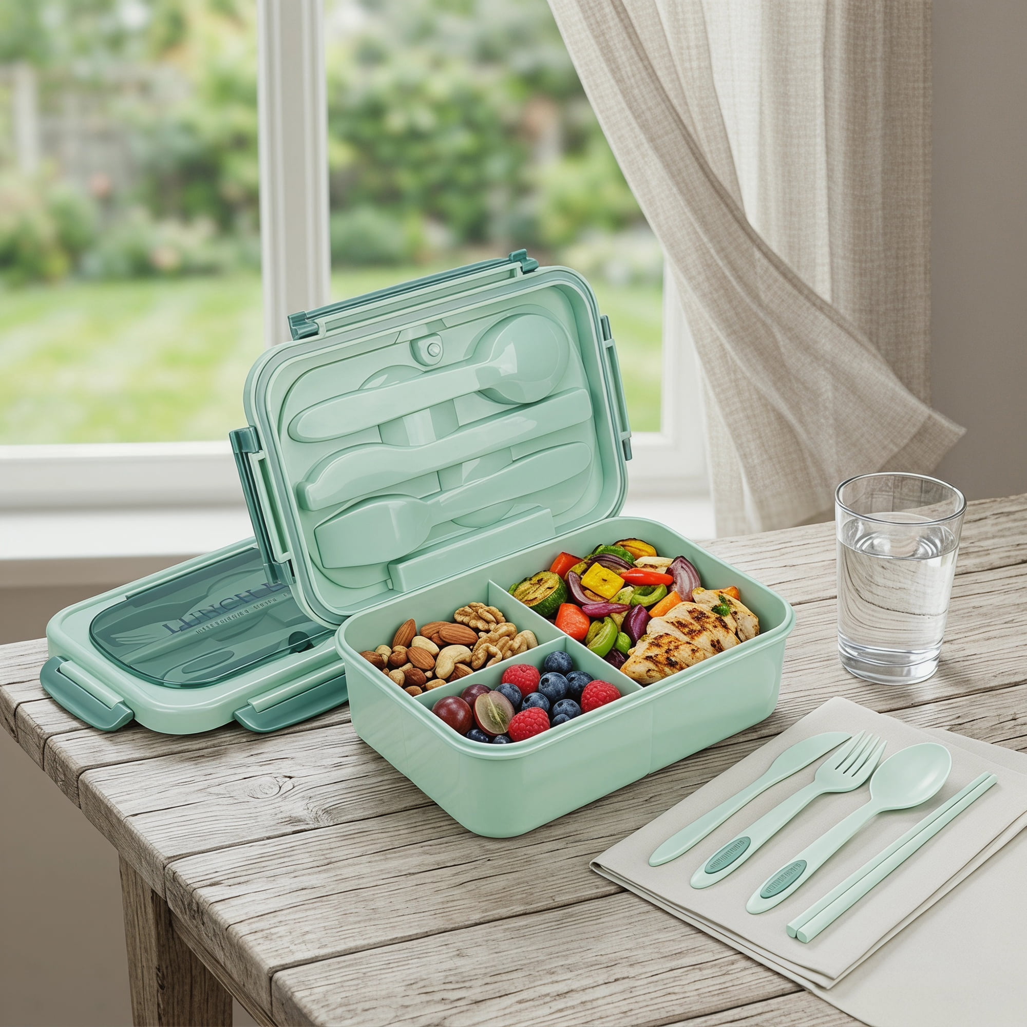 Unique Bargains 3-Compartment Leak-Proof  Lunch Bento Box with Utensils Mint Green-1