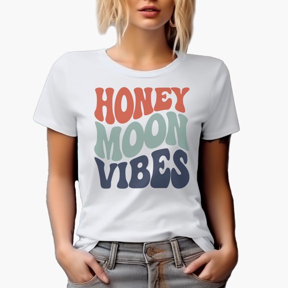 Honeymoon Vibes, Wedding, Marriage, Couple or Husband & Wife Themed, Groovy Retro Wavy Text Merch Gift, White T-Shirt, Small