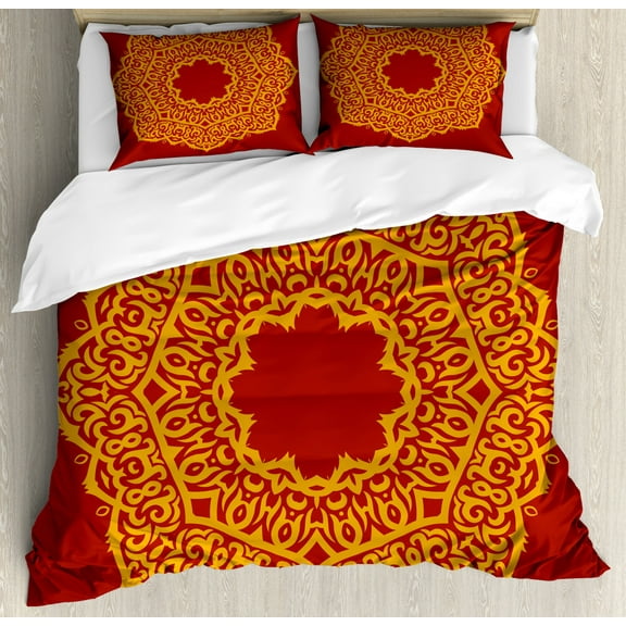 Mandala Duvet Cover Set Queen Size, Aztec Ornate Painting Indigenous Ethnic Hippie Archaic Influences, 3 Piece Bedding Set with 2 Pillow Shams, Dark Yellow and Paprika, by Ambesonne