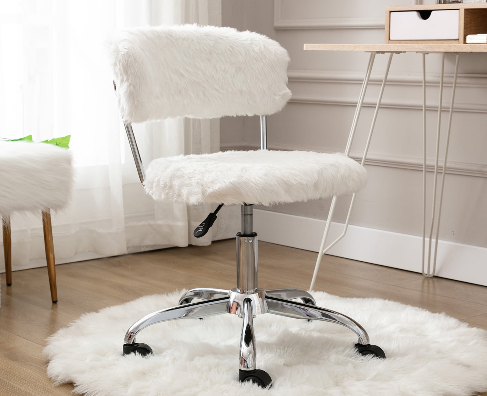 Guyou Home Swivel Office Chair, Furry Faux Fur Armless Dressing Chair