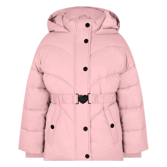Lanbubble Girls Winter Coat Quilted Puffer Jacket with Detachable Hood Heart Buckle Waist Belt for 7-14 Years