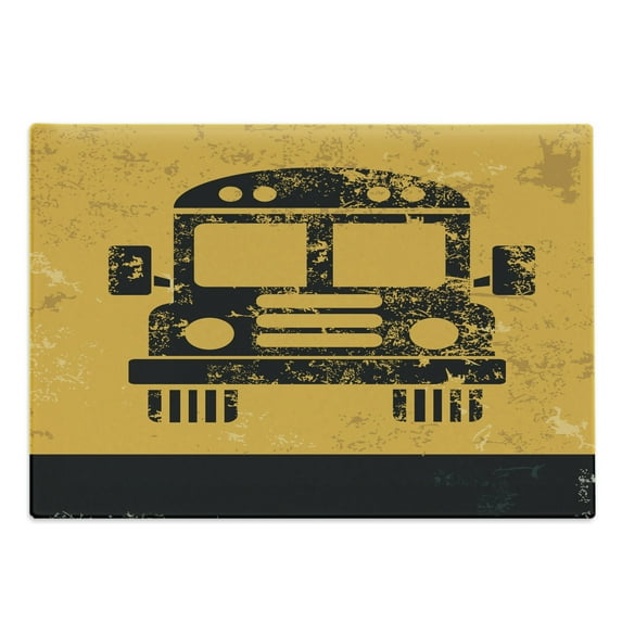 School Bus Cutting Board, Traffic Old Worn Rustic Look Vehicles Front Wheels Monochrome Composition, Decorative Tempered Glass Cutting and Serving Board, in 3 Sizes, by Ambesonne