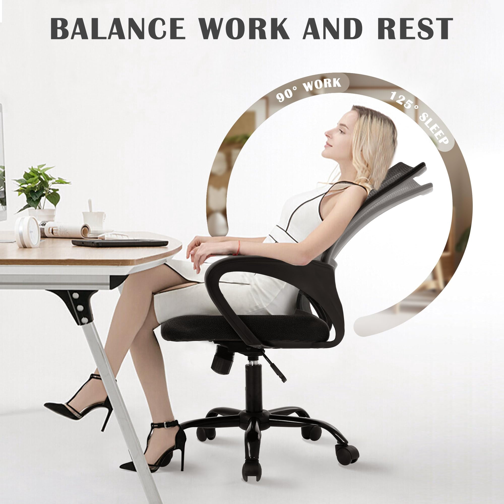 CL.HPAHKL Ergonomic Office Chair Set of 2, Mesh Computer Desk Chair with Mid-Back Support & Armrests, Adjustable Height Swivel Task Chair for Home Office, Study, Gaming, Black