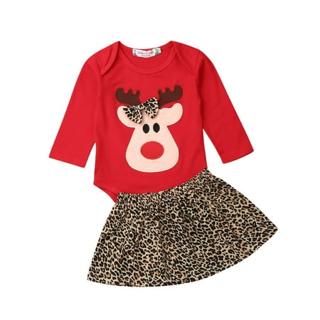 

Infant Baby Girls Christmas Clothes Set Long Sleeve Bowknot Elk Red Romper + Leopard Print Short Skirt Newborn Xmas Outfits 0-18M